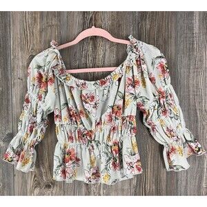 Forever 21 Smocked Floral Peasant Top S Cropped Bell Sleeve Flirty Cottagecore
